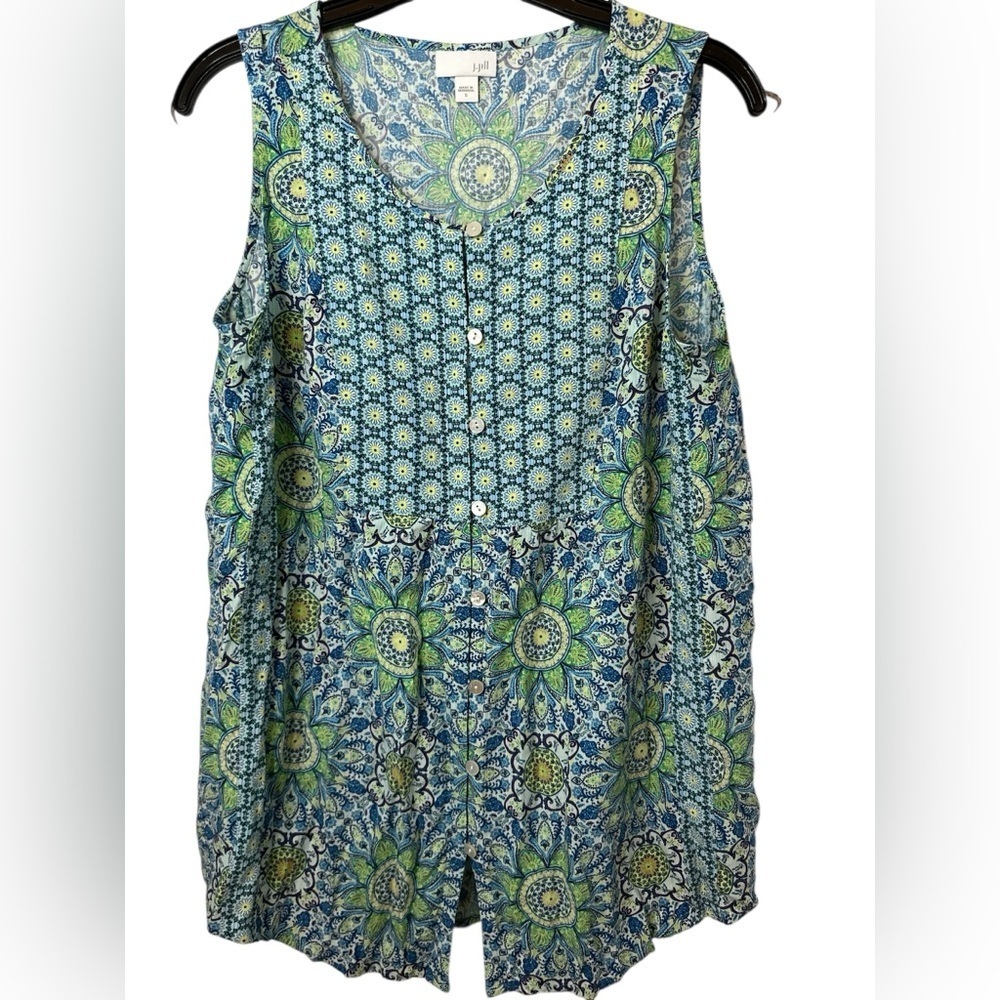 J Jill Sleeveless Tunic Button Front Print Blouse V Neck Floral Print